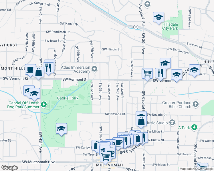 map of restaurants, bars, coffee shops, grocery stores, and more near 6731 Southwest 35th Avenue in Portland