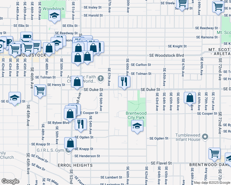 map of restaurants, bars, coffee shops, grocery stores, and more near 6518 Southeast 57th Place in Portland