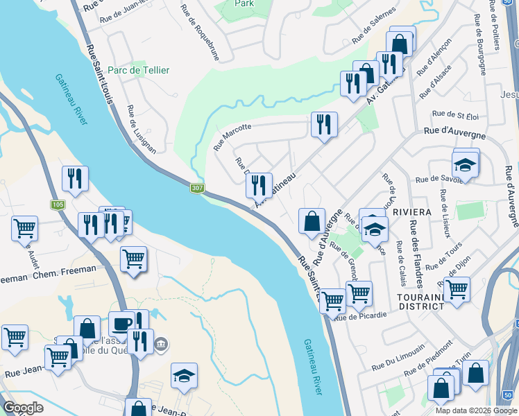map of restaurants, bars, coffee shops, grocery stores, and more near 1939 Rue Saint-Louis in Gatineau