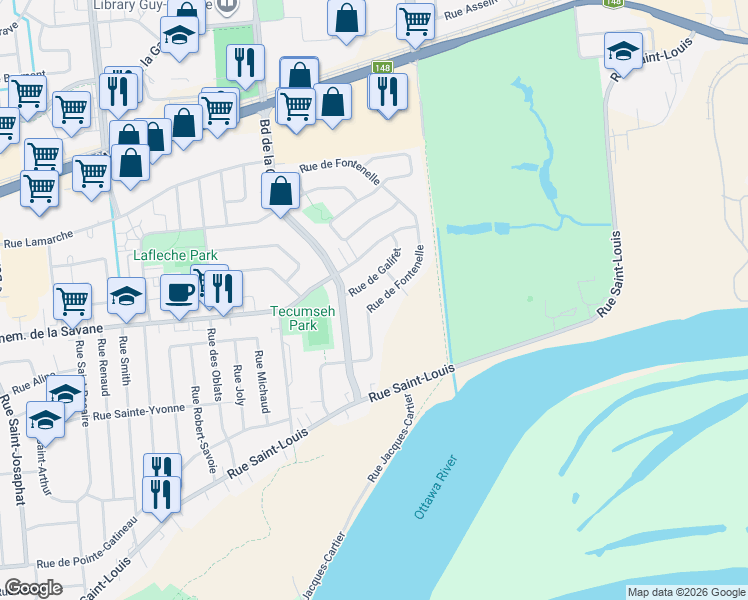 map of restaurants, bars, coffee shops, grocery stores, and more near 274 Rue de Fontenelle in Gatineau
