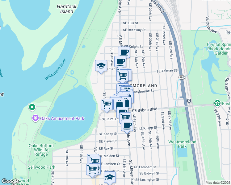 map of restaurants, bars, coffee shops, grocery stores, and more near 6521 Southeast 16th Avenue in Portland
