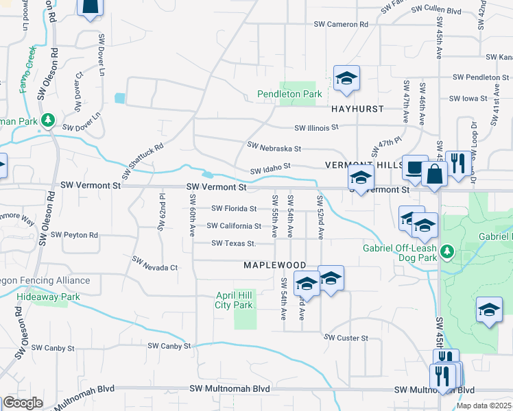 map of restaurants, bars, coffee shops, grocery stores, and more near 5605 Southwest Florida Street in Portland