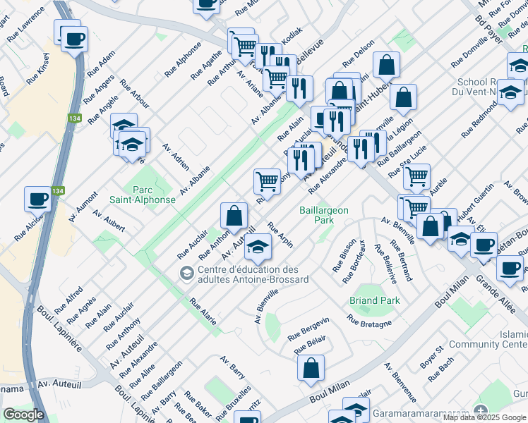 map of restaurants, bars, coffee shops, grocery stores, and more near in Brossard
