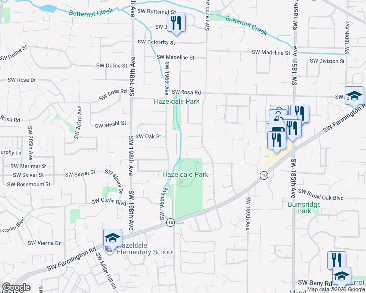 map of restaurants, bars, coffee shops, grocery stores, and more near 19395 Southwest Murphy Street in Beaverton