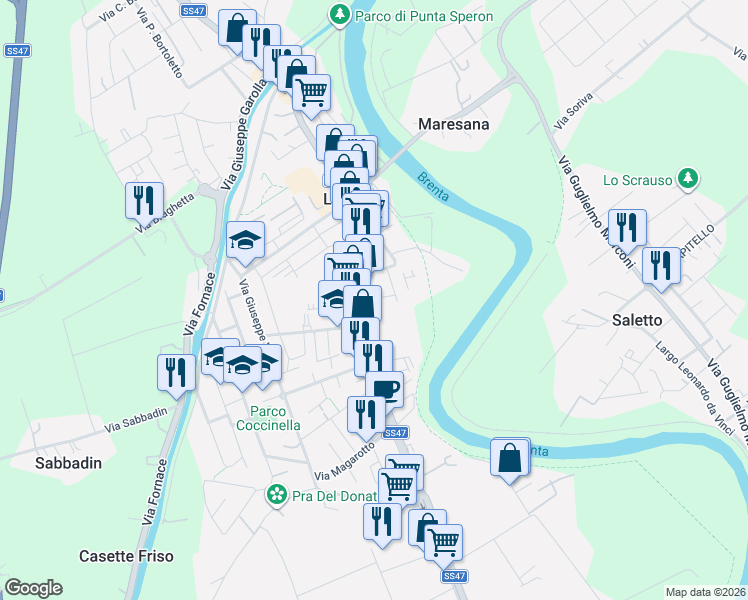 map of restaurants, bars, coffee shops, grocery stores, and more near 4 Via Petrarca Francesco in Limena