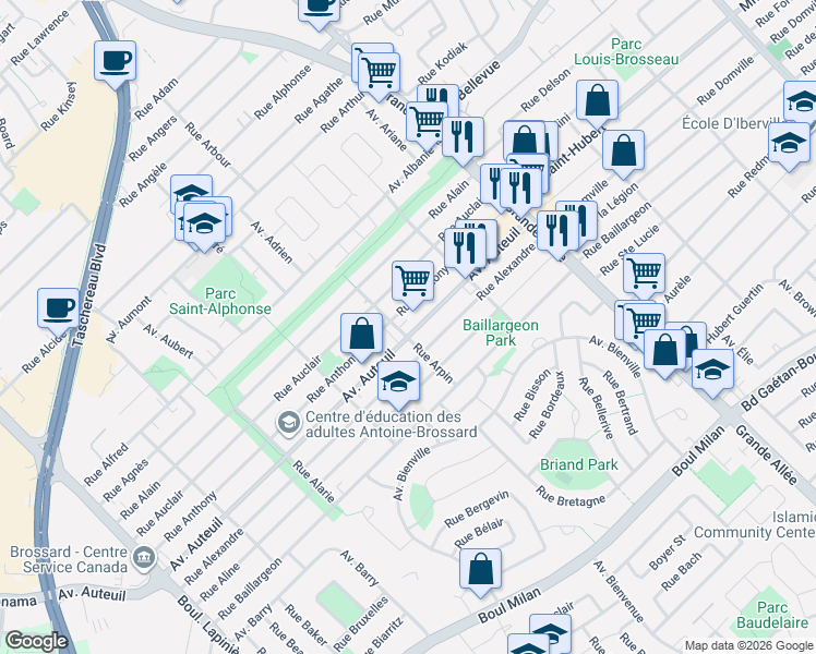 map of restaurants, bars, coffee shops, grocery stores, and more near 5687 Avenue Auteuil in Brossard