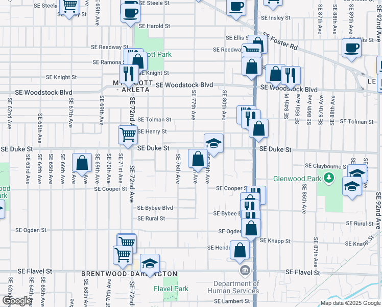 map of restaurants, bars, coffee shops, grocery stores, and more near 6513 Southeast 77th Avenue in Portland