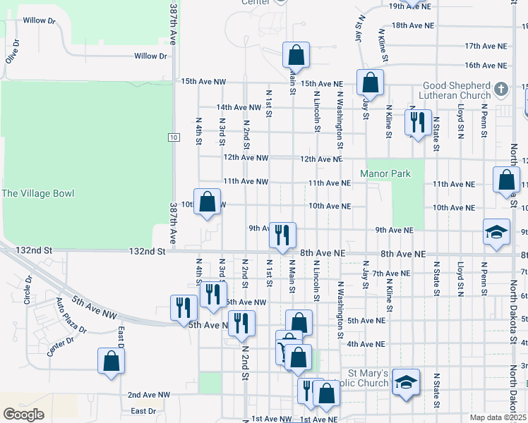 map of restaurants, bars, coffee shops, grocery stores, and more near 919 North 1st Street in Aberdeen