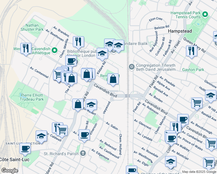 map of restaurants, bars, coffee shops, grocery stores, and more near 5720 Avenue Rembrandt in Côte Saint-Luc