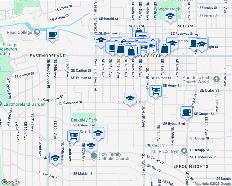 map of restaurants, bars, coffee shops, grocery stores, and more near 6520 Southeast 41st Avenue in Portland