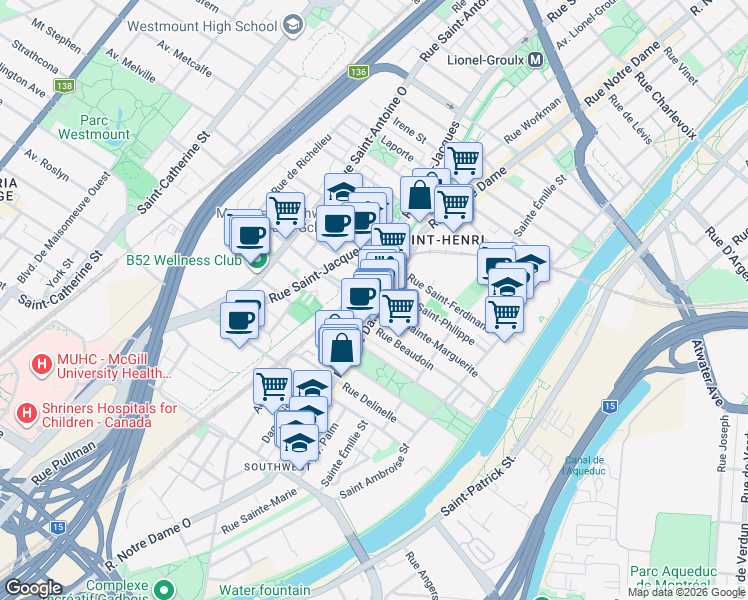 map of restaurants, bars, coffee shops, grocery stores, and more near 515 Rue Sainte-Marguerite in Montréal