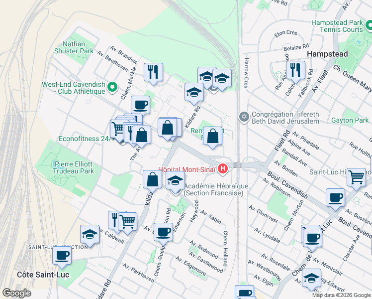 map of restaurants, bars, coffee shops, grocery stores, and more near 5740 Boulevard Cavendish in Côte Saint-Luc