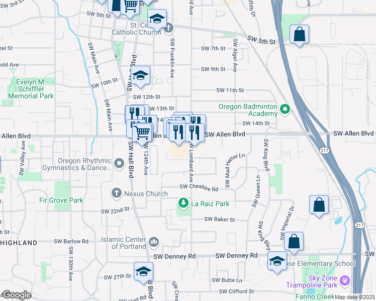 map of restaurants, bars, coffee shops, grocery stores, and more near 6145 Southwest Lombard Avenue in Beaverton
