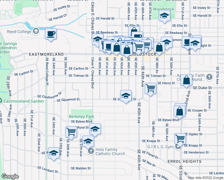 map of restaurants, bars, coffee shops, grocery stores, and more near 6520 Southeast 41st Avenue in Portland
