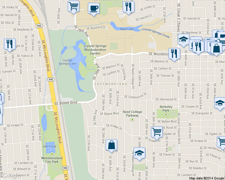 map of restaurants, bars, coffee shops, grocery stores, and more near 6519 Southeast 30th Avenue in Portland