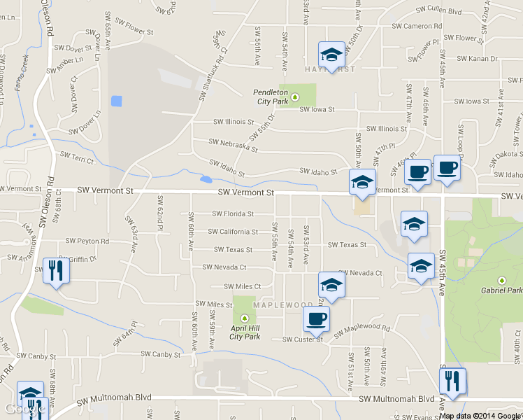 map of restaurants, bars, coffee shops, grocery stores, and more near 5605 Southwest Florida Street in Portland