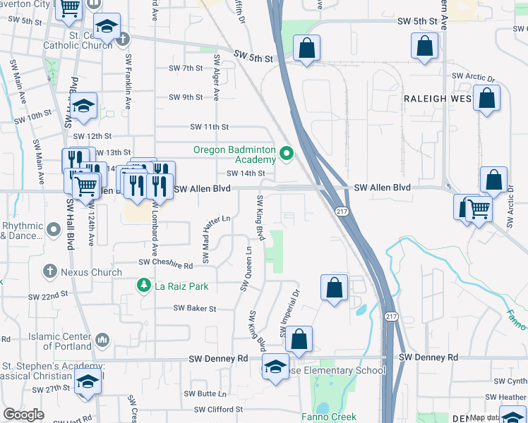 map of restaurants, bars, coffee shops, grocery stores, and more near 6175 Southwest 112th Avenue in Beaverton