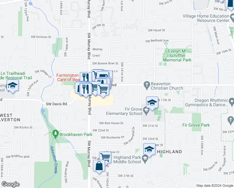 map of restaurants, bars, coffee shops, grocery stores, and more near 14186 Southwest Allen Boulevard in Beaverton