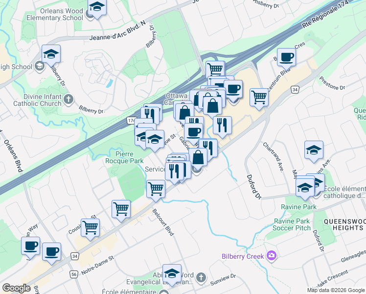 map of restaurants, bars, coffee shops, grocery stores, and more near in Ottawa