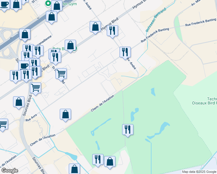 map of restaurants, bars, coffee shops, grocery stores, and more near 2000 Chemin Saint François in Dorval