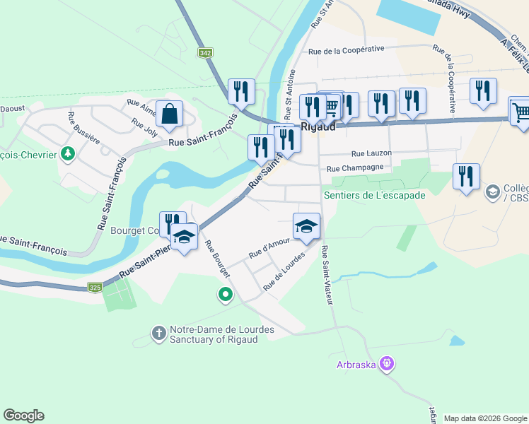 map of restaurants, bars, coffee shops, grocery stores, and more near 10 Rue Levac in Rigaud