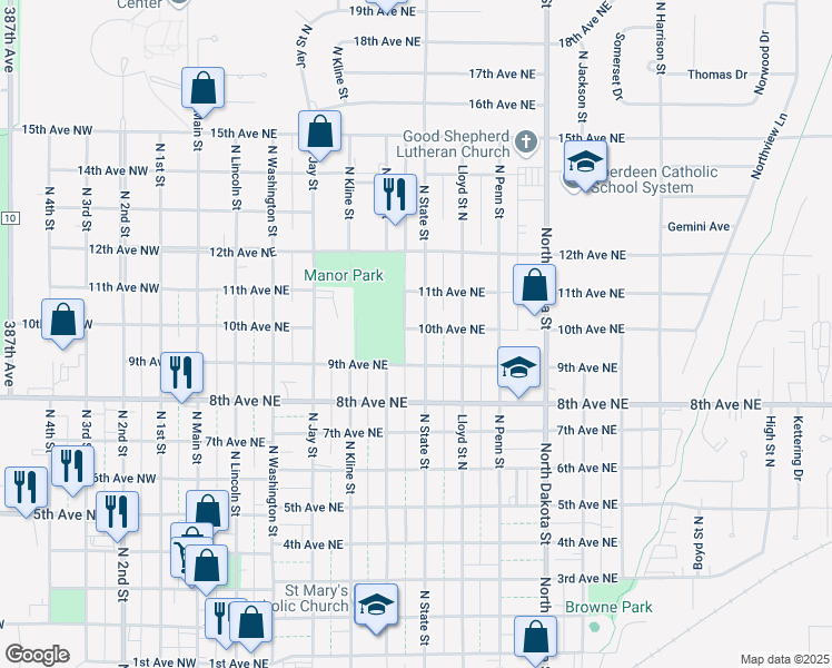 map of restaurants, bars, coffee shops, grocery stores, and more near 923 10th Avenue Northeast in Aberdeen
