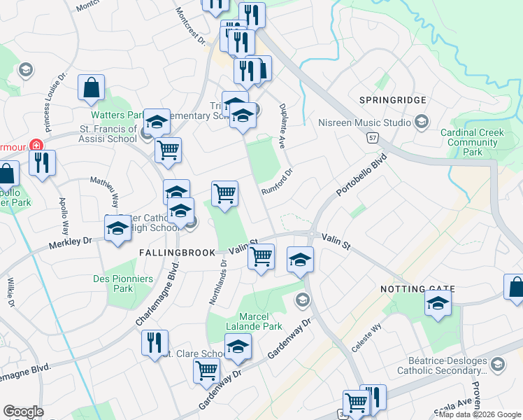 map of restaurants, bars, coffee shops, grocery stores, and more near 1654 Varennes Boulevard in Ottawa
