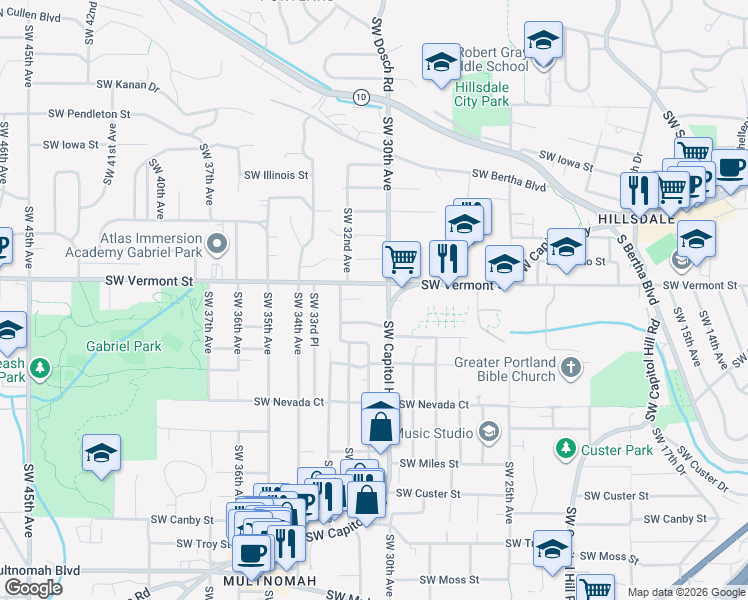 map of restaurants, bars, coffee shops, grocery stores, and more near 3024 Southwest Florida Court in Portland