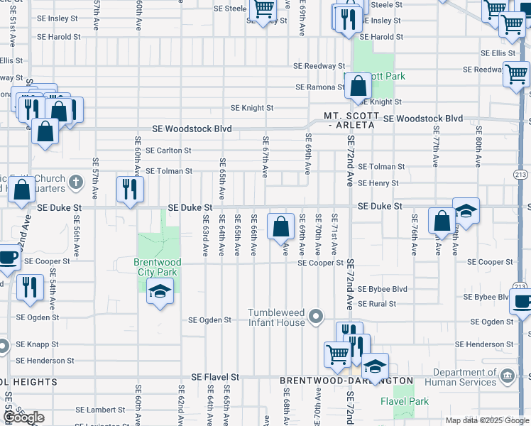 map of restaurants, bars, coffee shops, grocery stores, and more near 6515 Southeast 67th Avenue in Portland
