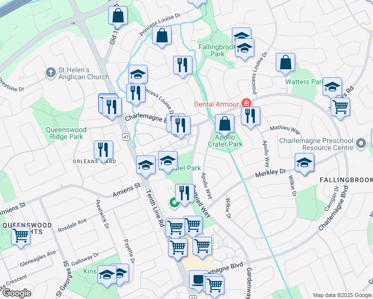 map of restaurants, bars, coffee shops, grocery stores, and more near 1608 Hoskins Crescent in Ottawa