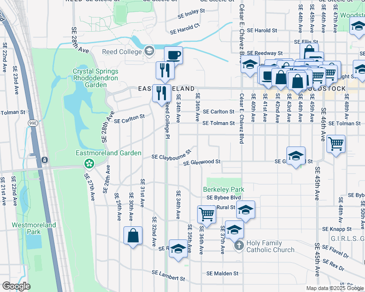 map of restaurants, bars, coffee shops, grocery stores, and more near 6510 Southeast 34th Avenue in Portland