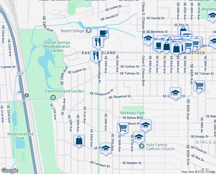 map of restaurants, bars, coffee shops, grocery stores, and more near 6510 Southeast 34th Avenue in Portland
