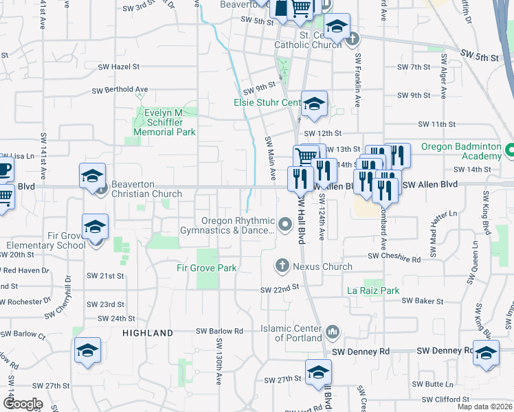 map of restaurants, bars, coffee shops, grocery stores, and more near 12825 Southwest Dale Circle in Beaverton