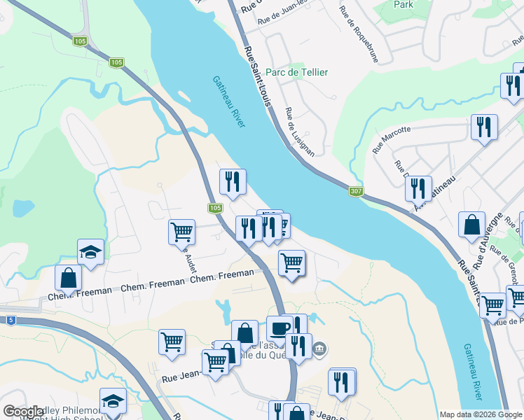 map of restaurants, bars, coffee shops, grocery stores, and more near 8 Rue du Rivage in Gatineau