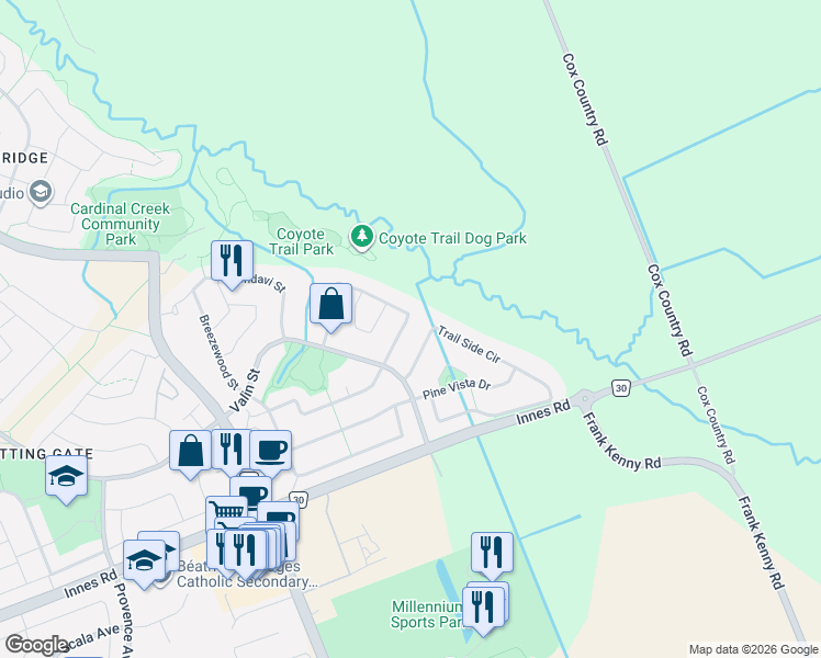 map of restaurants, bars, coffee shops, grocery stores, and more near 2401 Glandriel Crescent in Ottawa