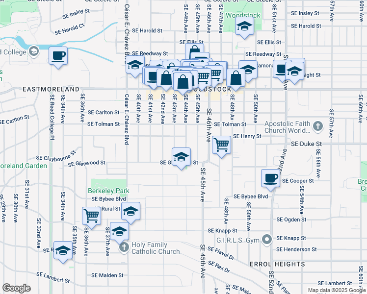 map of restaurants, bars, coffee shops, grocery stores, and more near 6515 Southeast 44th Avenue in Portland