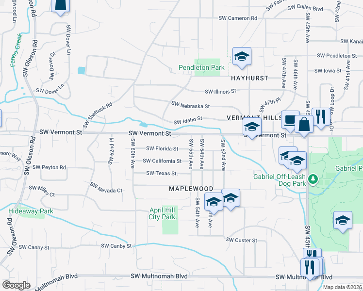 map of restaurants, bars, coffee shops, grocery stores, and more near 5605 Southwest Florida Street in Portland