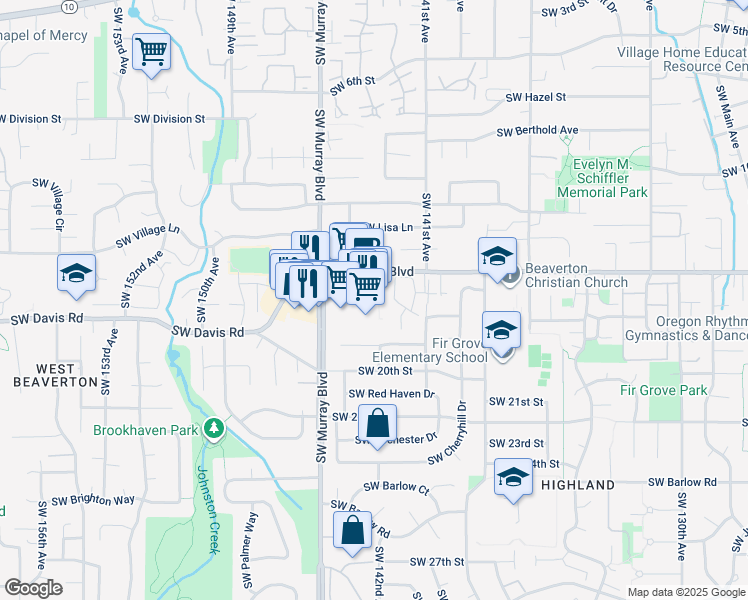 map of restaurants, bars, coffee shops, grocery stores, and more near 14290 Southwest Allen Boulevard in Beaverton