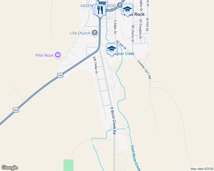 map of restaurants, bars, coffee shops, grocery stores, and more near 765 Southwest Birch Street in Pilot Rock