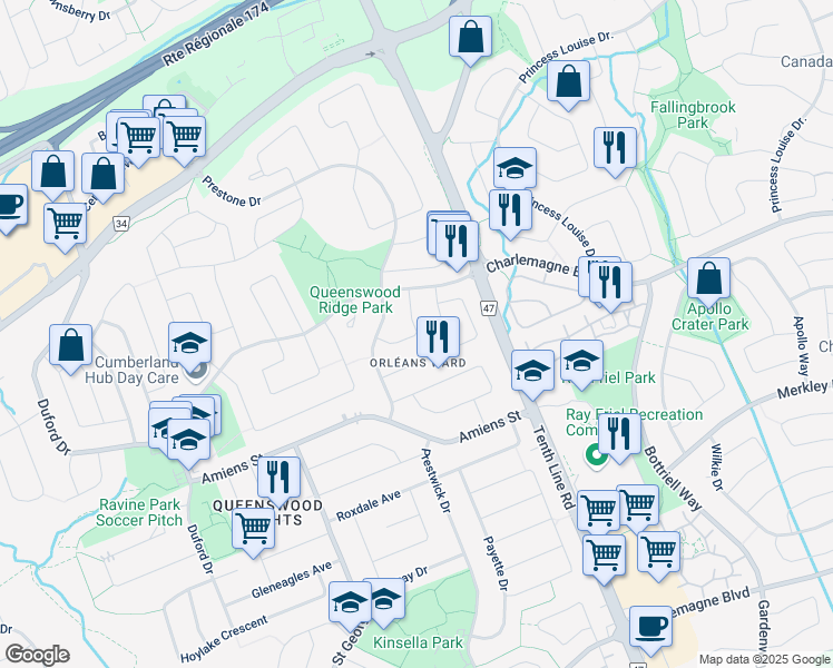 map of restaurants, bars, coffee shops, grocery stores, and more near 1452 Deavy Way in Ottawa