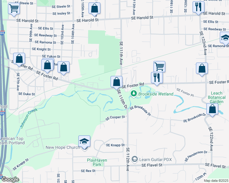 map of restaurants, bars, coffee shops, grocery stores, and more near 10962 Southeast Foster Road in Portland