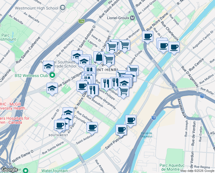 map of restaurants, bars, coffee shops, grocery stores, and more near 257 Rue Saint-Ferdinand in Montreal