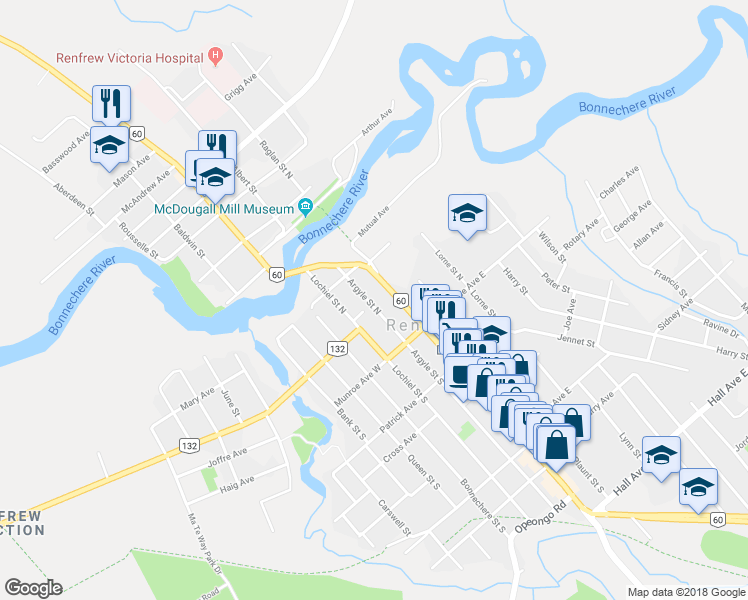 map of restaurants, bars, coffee shops, grocery stores, and more near 71 Argyle Street North in Renfrew