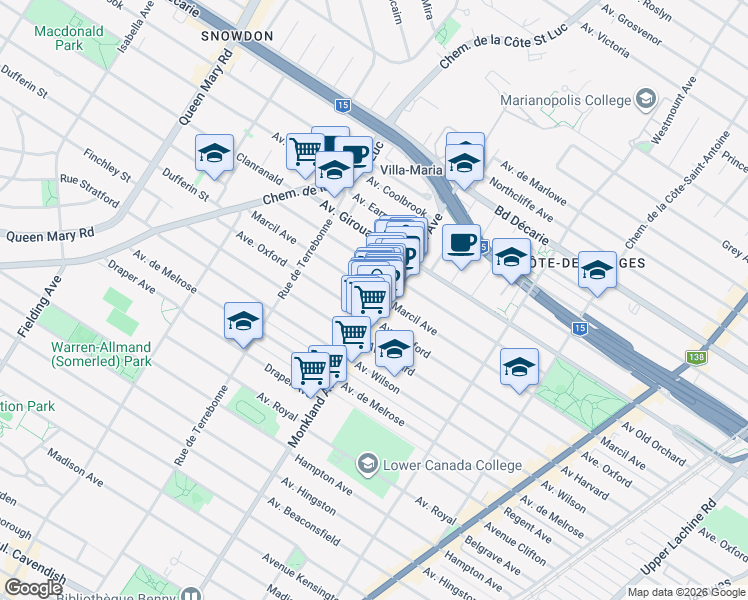 map of restaurants, bars, coffee shops, grocery stores, and more near 4308 Marcil Avenue in Montrã©Al