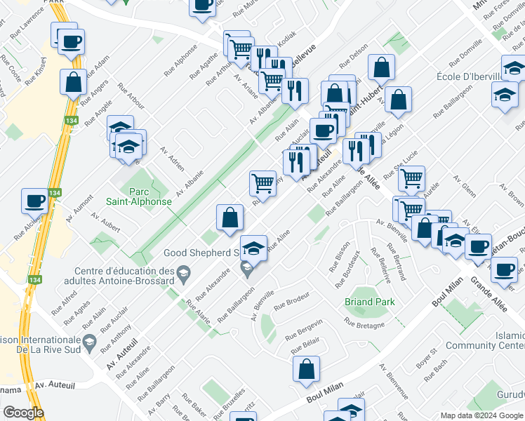 map of restaurants, bars, coffee shops, grocery stores, and more near 5685 Avenue Auteuil in Brossard