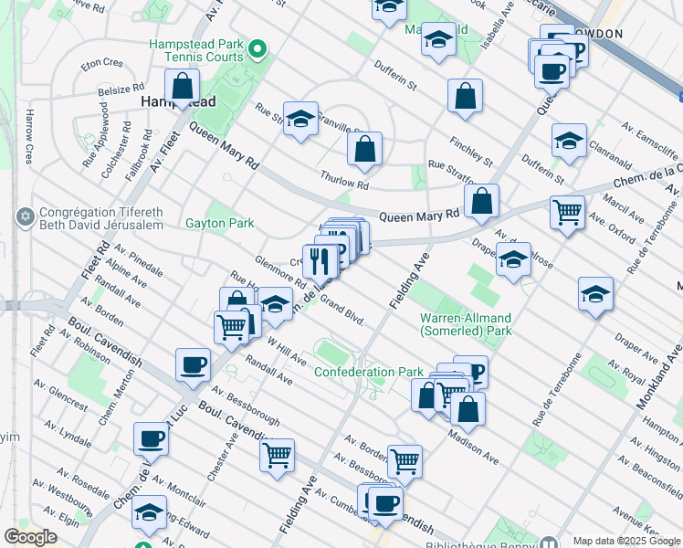 map of restaurants, bars, coffee shops, grocery stores, and more near 5285 Avenue Beaconsfield in Montréal