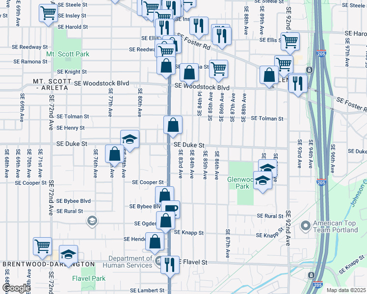 map of restaurants, bars, coffee shops, grocery stores, and more near 6506 Southeast 83rd Avenue in Portland