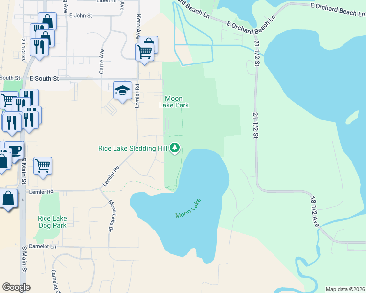 map of restaurants, bars, coffee shops, grocery stores, and more near Moon Lake Trail in Rice Lake