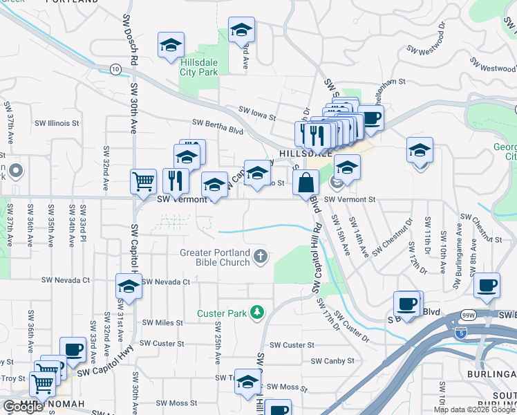 map of restaurants, bars, coffee shops, grocery stores, and more near 2326 South Vermont Street in Portland