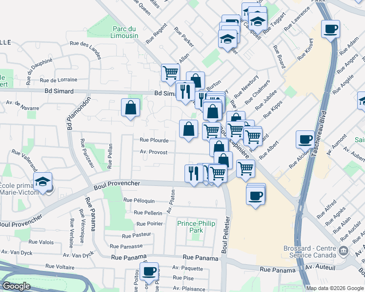 map of restaurants, bars, coffee shops, grocery stores, and more near 11 Rue de la Place-du-Commerce in Brossard